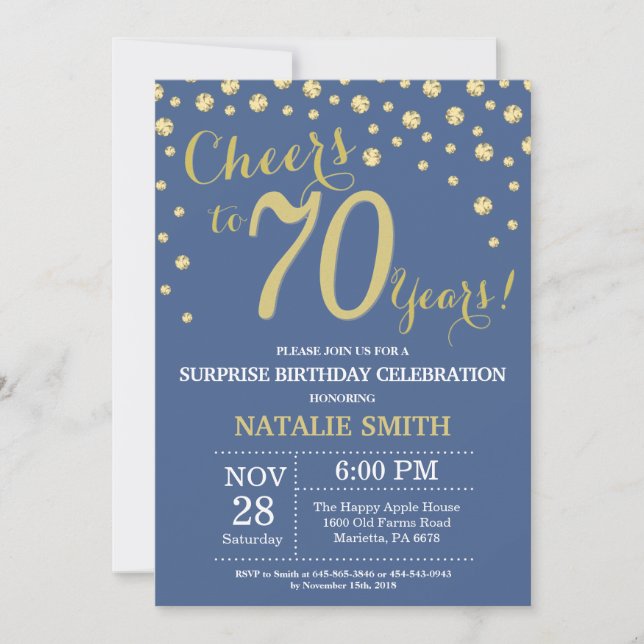 Invitation Bleu et or Surprise 70e Anniversaire Diamant (Devant)