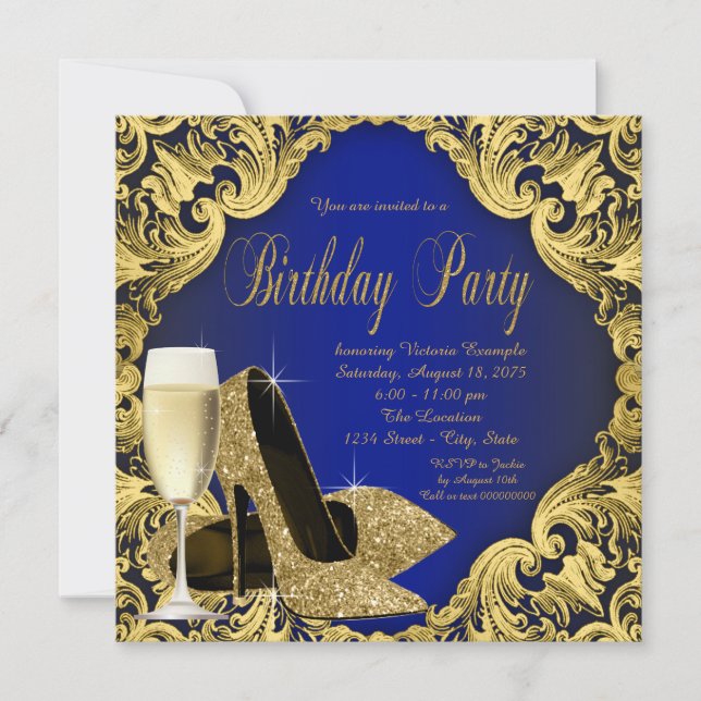 Invitation Bleu et or talons hauts Champagne Anniversaire (Devant)