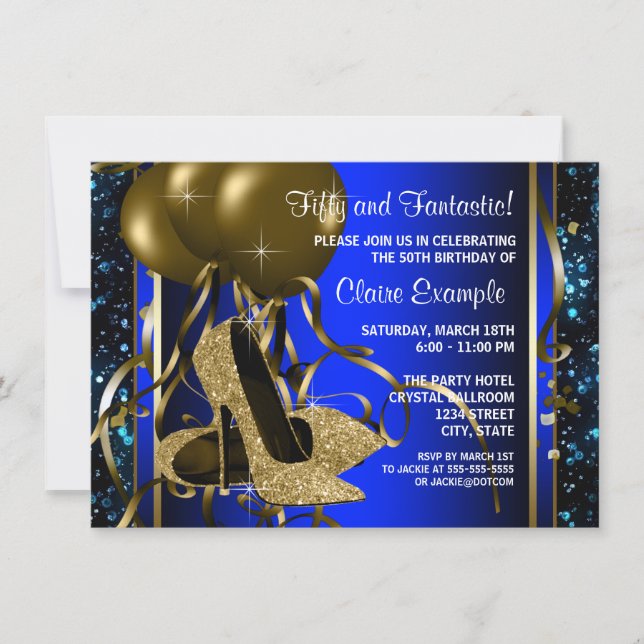 Invitation Bleu et or talons hauts femmes fête d'anniversaire (Devant)