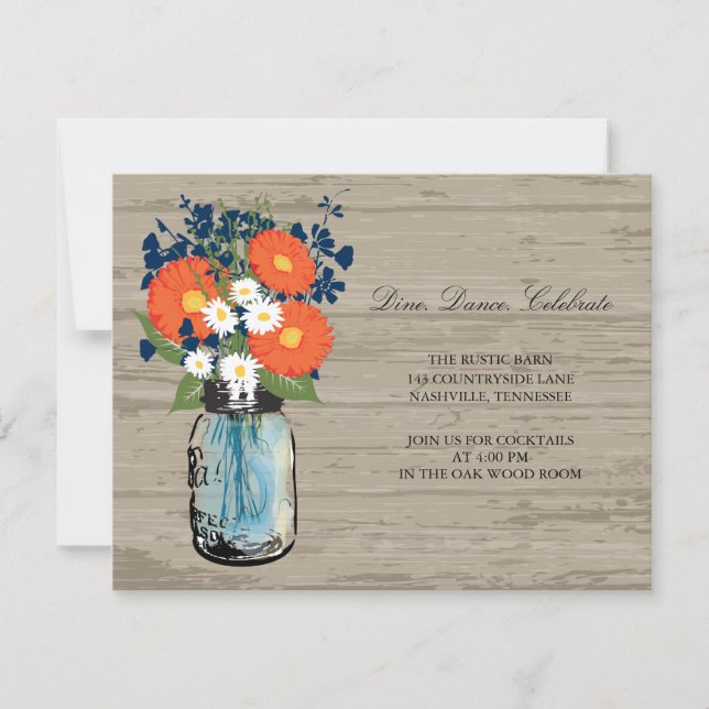 Invitation Bleu et Orange Pot Mason en Bois | Réception (Devant)