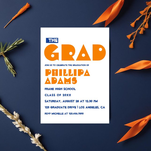 Invitation Bleu et Orange Typographie (Blue and Orange Typography Graduation Party Invitation)