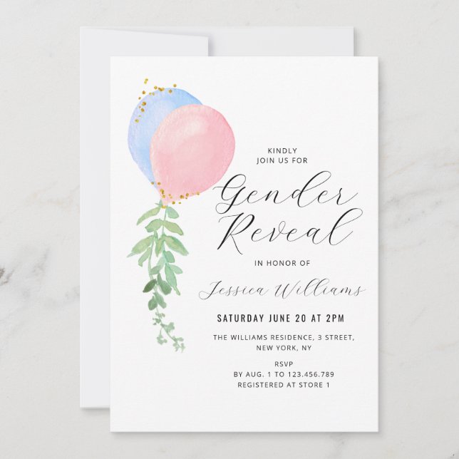 Invitation bleu et rose balon bébé sexe révéler (Devant)