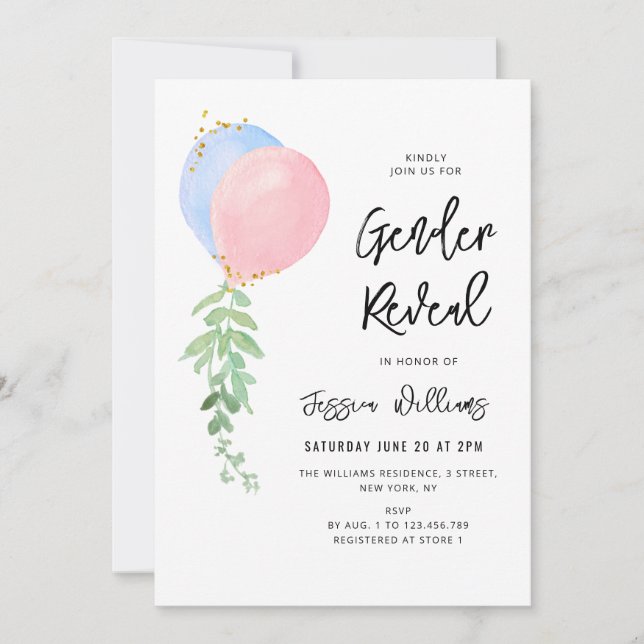 Invitation bleu et rose balon bébé sexe révéler (Devant)