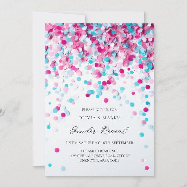 Invitation Bleu et rose Confetti Baby Genre Revela Party (Devant)