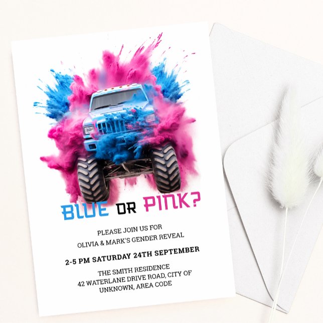 Invitation Bleu et rose Fumée Camion Voiture Bébé Genre Révél (Créateur téléchargé)