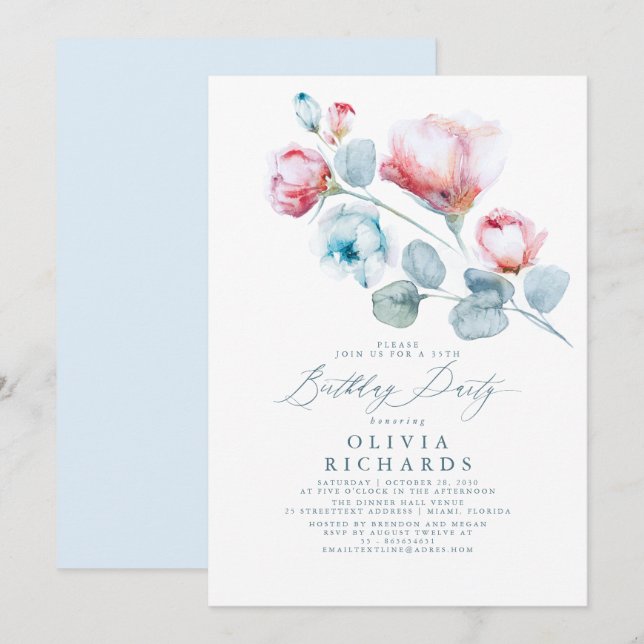 Invitation Bleu et rose Romantique Fleur Anniversaire (Devant / Derrière)