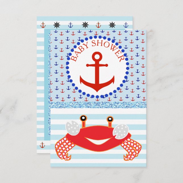 Invitation Bleu et rouge Crabe de plage Baby shower Invitatio (Devant / Derrière)