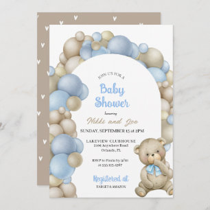Invitation Bleu et Tan Balloon Arch Teddy Bear Baby shower