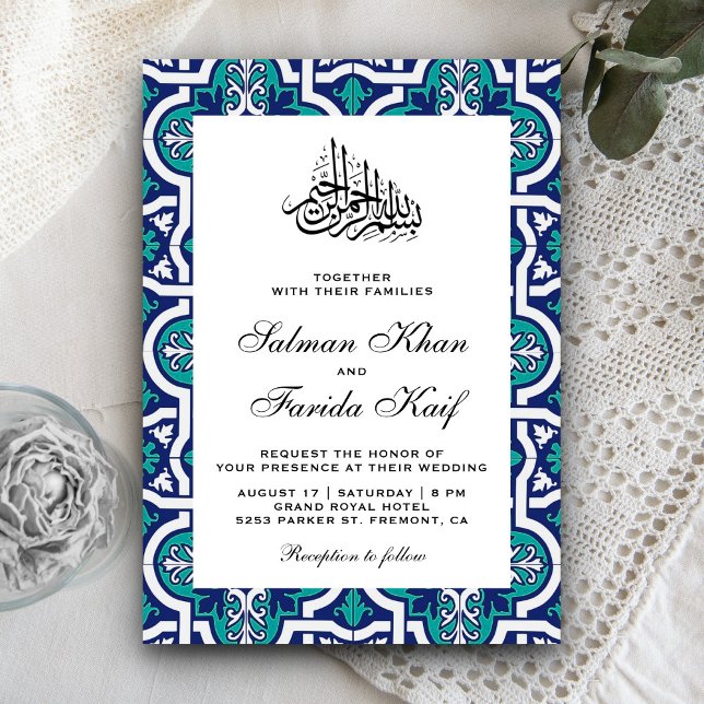 Invitation Bleu et Turquoise Islam Arabesque Mariage musulman (Créateur téléchargé)