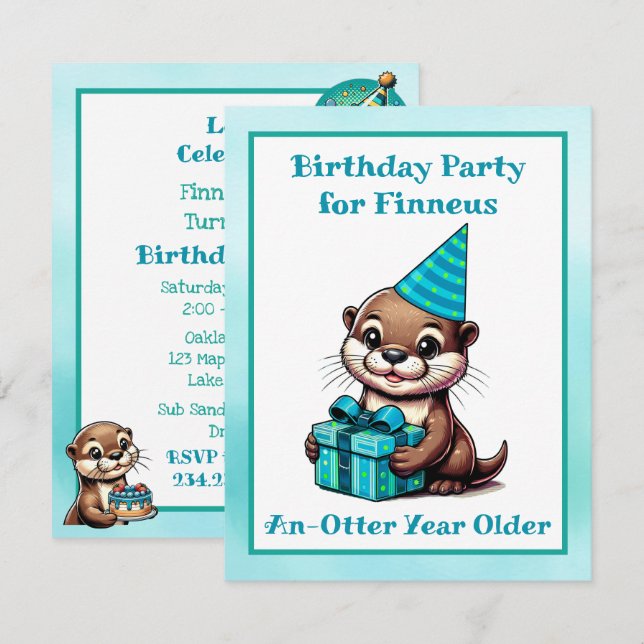 Invitation Bleu et Turquoise Otter Boy's Birthday Party (Devant / Derrière)