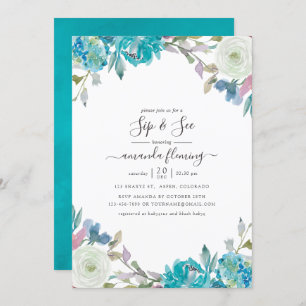 Invitation Bleu et Turquoise Sip floral et voir