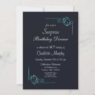 Invitation Bleu et Turquoise Surprise Dîner 50e Anniversaire