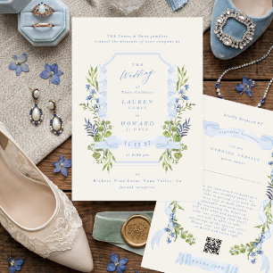 Invitation bleu et verdure tout en un détails RSVP mariage