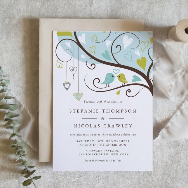Invitation Bleu et vert Mariage de tourterelles (Blue and Green Lovebirds Wedding Invitation)