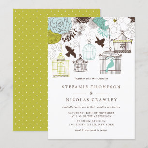 Invitation Bleu et vert Vintage Birdcages Floral Mariage