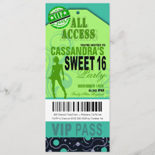 Invitation Bleu et vert VIP Sweet 16 Ticket Party
