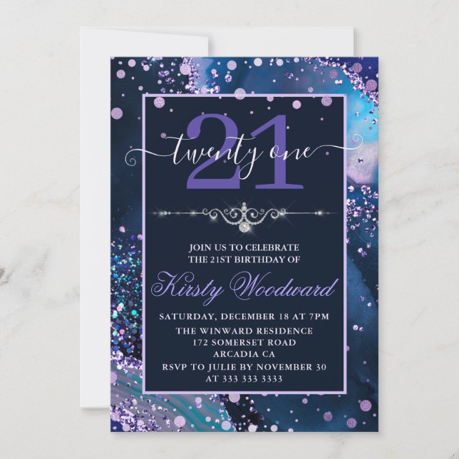 Invitation Bleu et Violet Faux Paillettes Anniversaire Agate (Devant)