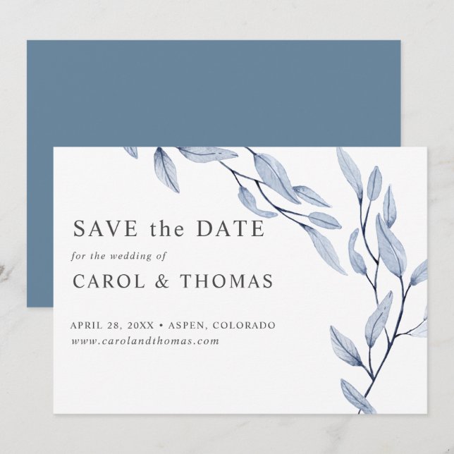 Invitation Bleu éthérée | chic botanique enregistrer la date (Devant / Derrière)