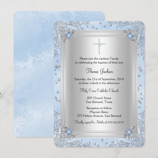 Invitation Bleu Étincelant Bijou Baptême (Devant / Derrière)