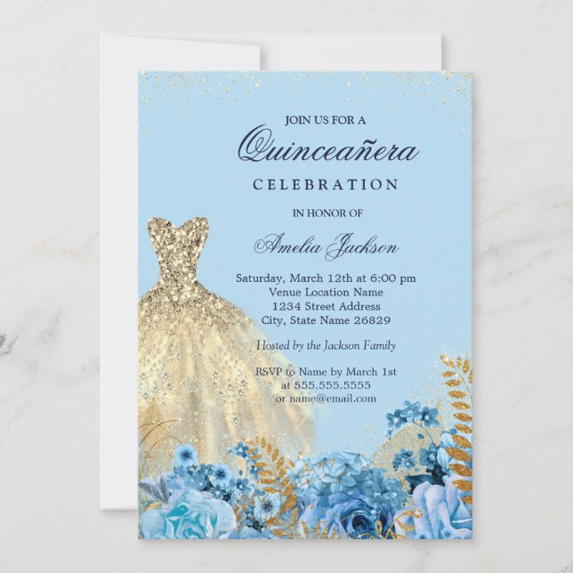 Invitation Bleu étincelant Parties scintillant or robe Sweet  (Devant)