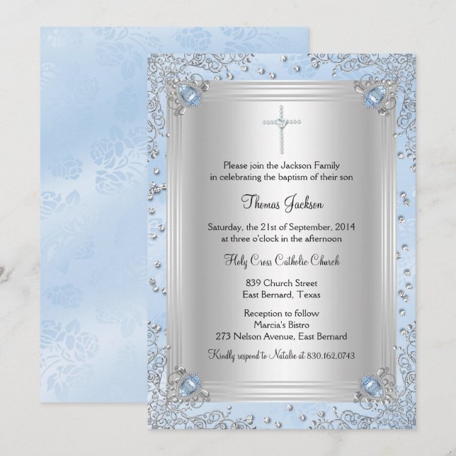 Invitation Bleu Étincelle Bijou Baptême (Devant / Derrière)