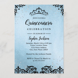 Invitation Bleu étincelle Tiara Damask Quinceanera