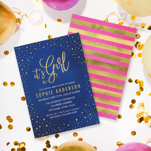 Invitation Bleu étoilé et rose C'est un Baby shower féminin