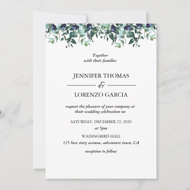 Invitation Bleu Eucalyptus Vert Mariage Succulent (Devant)