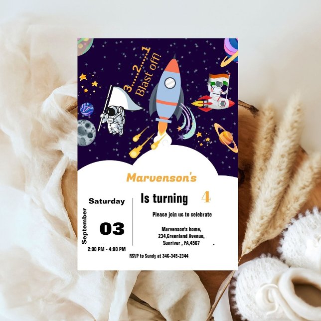 Invitation Bleu Extérieur astronaute garçon anniversaire (Créateur téléchargé)
