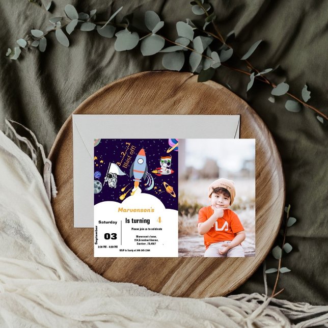 Invitation Bleu Extérieur astronaute garçon anniversaire (Créateur téléchargé)