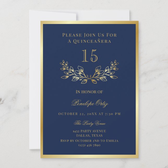 Invitation Bleu Faux Gold Wreath Quinceañera (Devant)