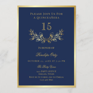 Invitation Bleu Faux Gold Wreath Quinceañera