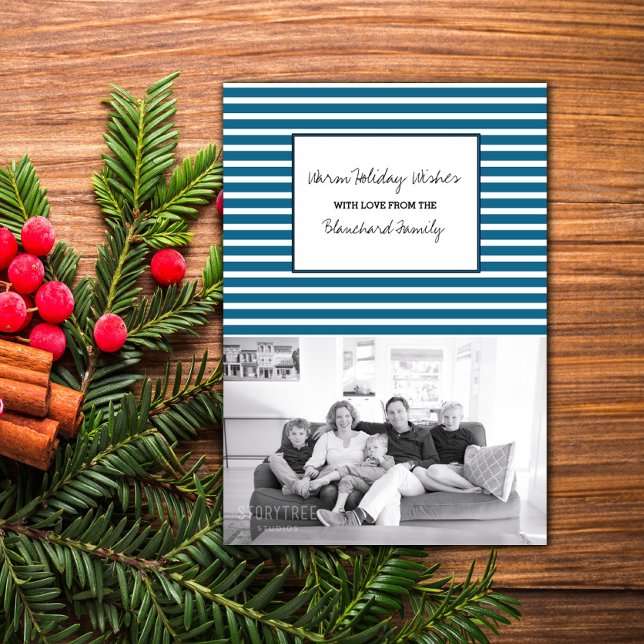Invitation Bleu Festive Stripes Holiday Photo (Blue Festive Stripes Holiday Photo Card)