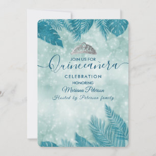 Invitation Bleu feuille tropical tiara Quinceañera
