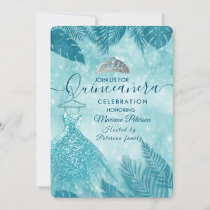 Invitation Bleu feuille tropical tiara Quinceañera