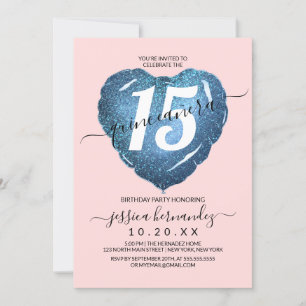 Invitation Bleu Fille Parties scintillant Coeur Balloon Quinc