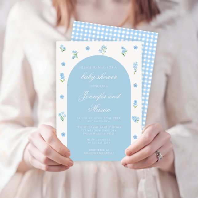 Invitation Bleu fleur de printemps boho arche bébé garçon dou (Créateur téléchargé)