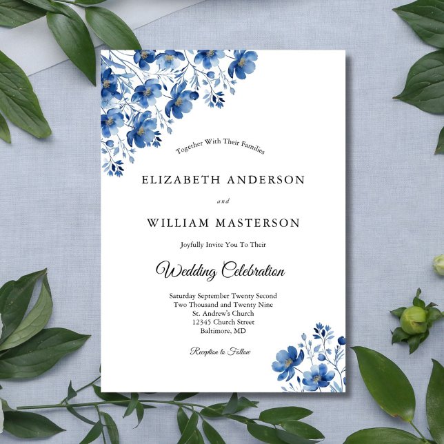 Invitation Bleu Fleur sauvage Aquarelle Élégante Mariage mode (Blue Watercolor Wildflowers Floral Elegant Formal Wedding Invitation. Printed or Digital Download)
