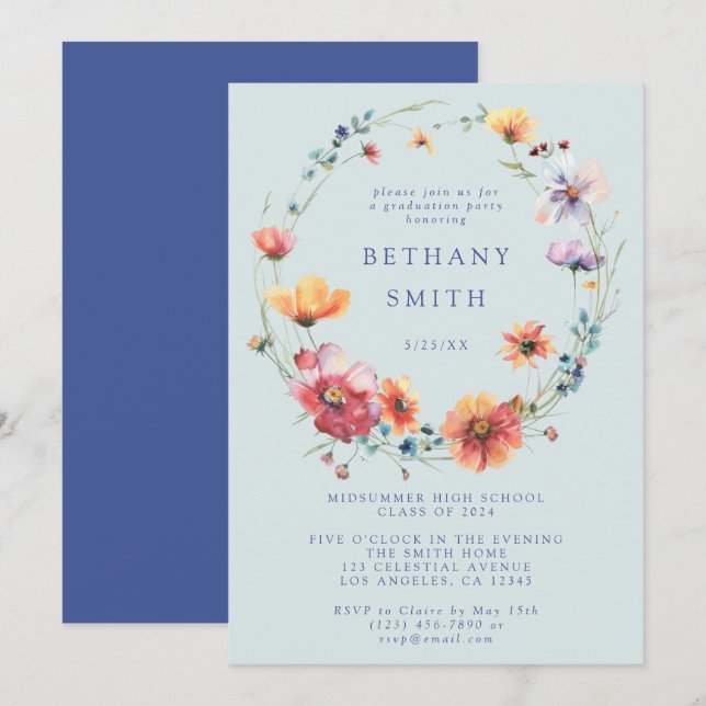 Invitation Bleu Fleur sauvage fête de graduation (Devant / Derrière)