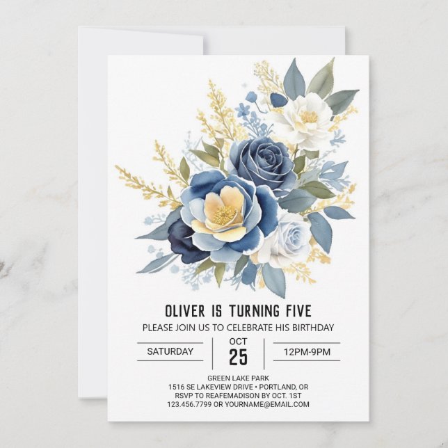 Invitation Bleu Fleur sauvage Floral Anniversaire (Devant)