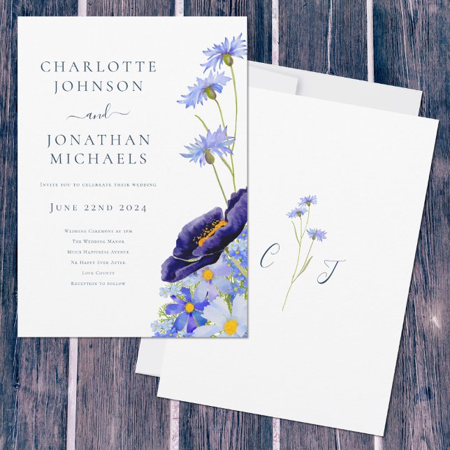 Invitation Bleu fleur sauvage Rustique (Elegant wildflower blue watercolor with bride & groom monogram artwork by artist Catherine Sweetman )