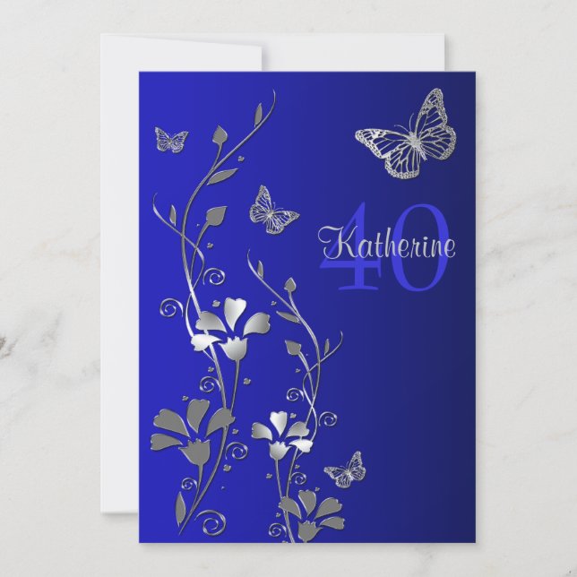 Invitation Bleu, fleurs d'argent et papillons 40e anniversair (Devant)
