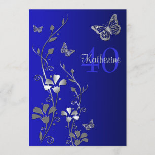Invitation Bleu, fleurs d'argent et papillons 40e anniversair