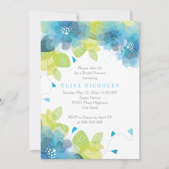 Invitation Bleu fleurs fleurie mariage douche nuptiale (Devant)