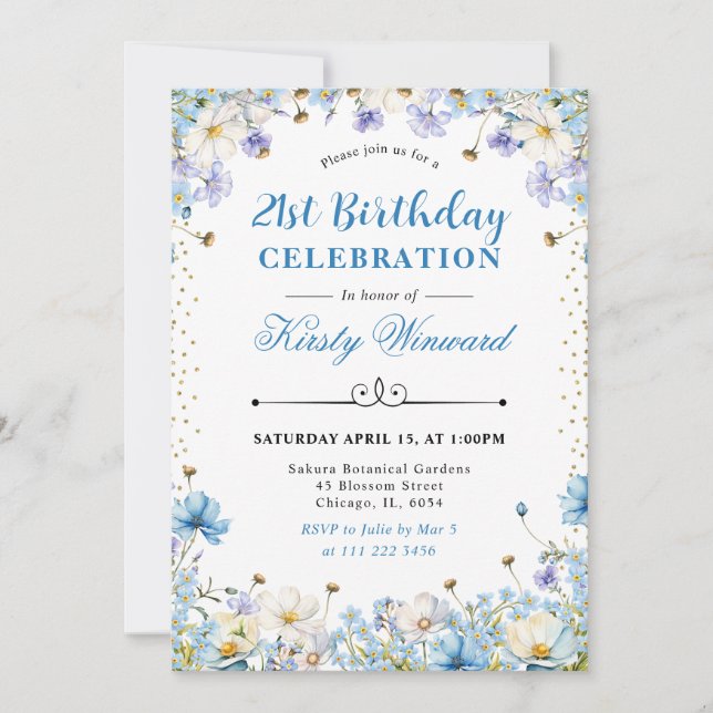 Invitation Bleu Fleurs Sauvages Blanches Fleur d'Oubli Annive (Devant)