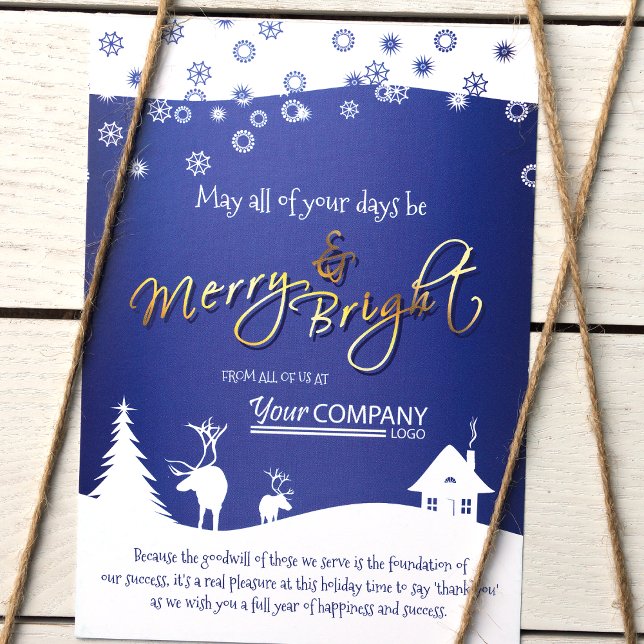 Invitation Bleu, flocons de neige et rennes blancs, logo de l (Blue White Logo, Royal Blue, Dark Blue Company Holiday Christmas Cards, Rustic Elk)