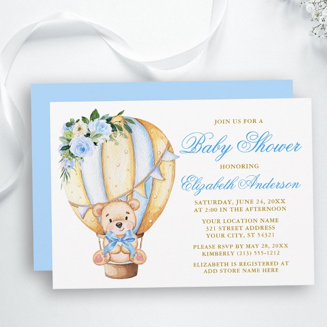 Invitation Bleu Floral Air Balloon Baby shower Ours en Teddy (Customize to change text color, size, style or to change color of back of card.)
