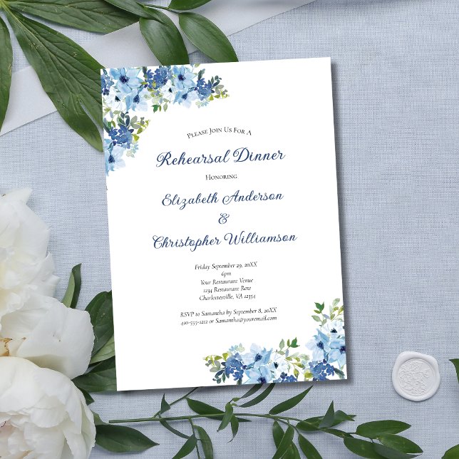 Invitation Bleu Floral Aquarelle Verdure Dîner de répétition (Blue Watercolor Floral with Greenery Wedding Rehearsal dinner invitation)