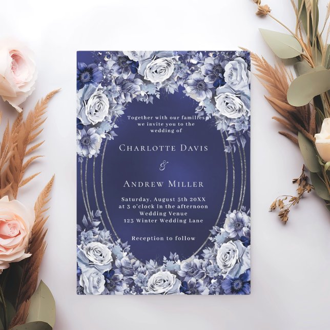 Invitation Bleu floral argent cadre mariage (Créateur téléchargé)
