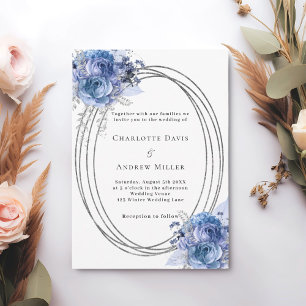 Invitation Bleu floral argent cadre mariage